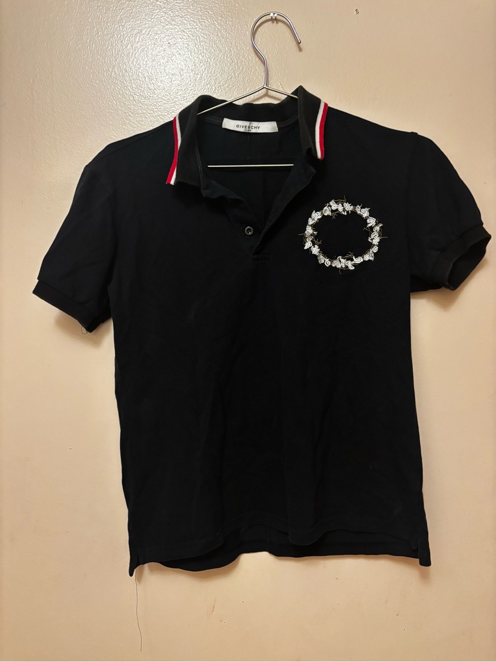 Givenchy Black Polo with Red-Trim Collar and Embroidered Wreath